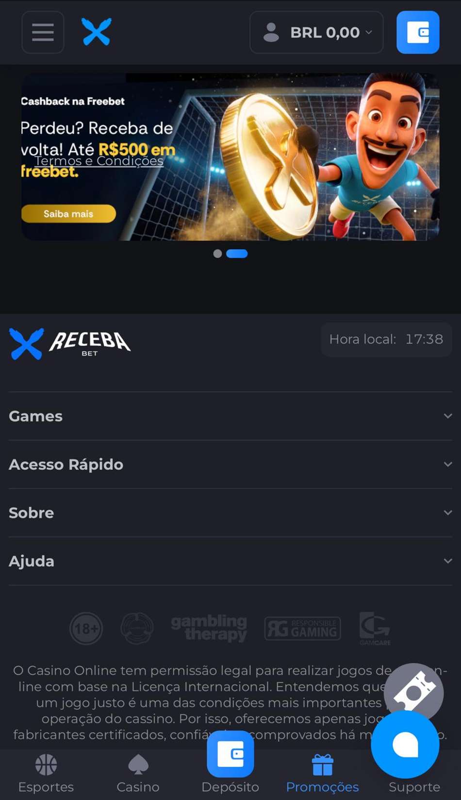 Captura de tela exibe campanha de cashback em esportes na plataforma de 1 real Receba.