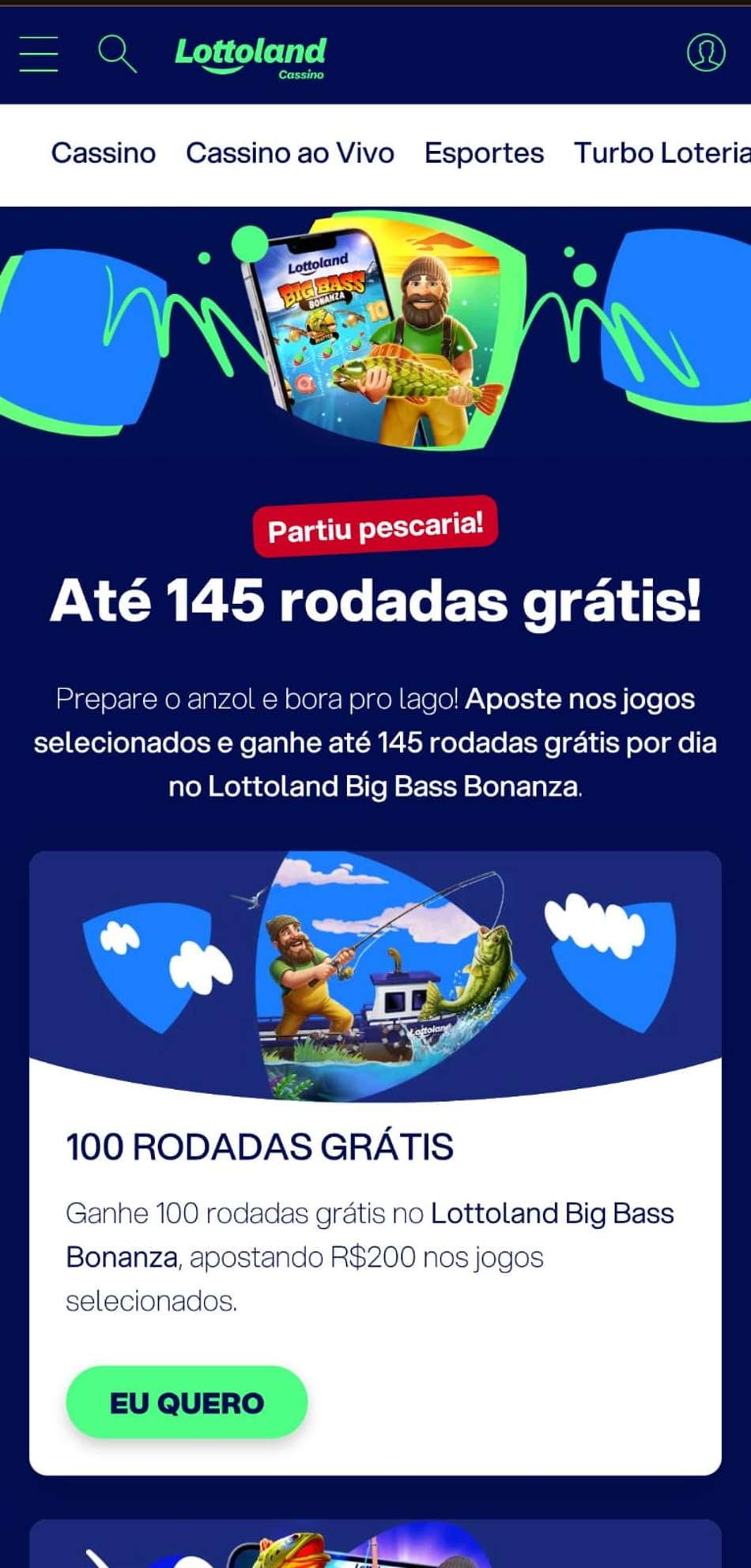 Captura de tela do bônus com rodadas grátis da Lottoland Cassino.
