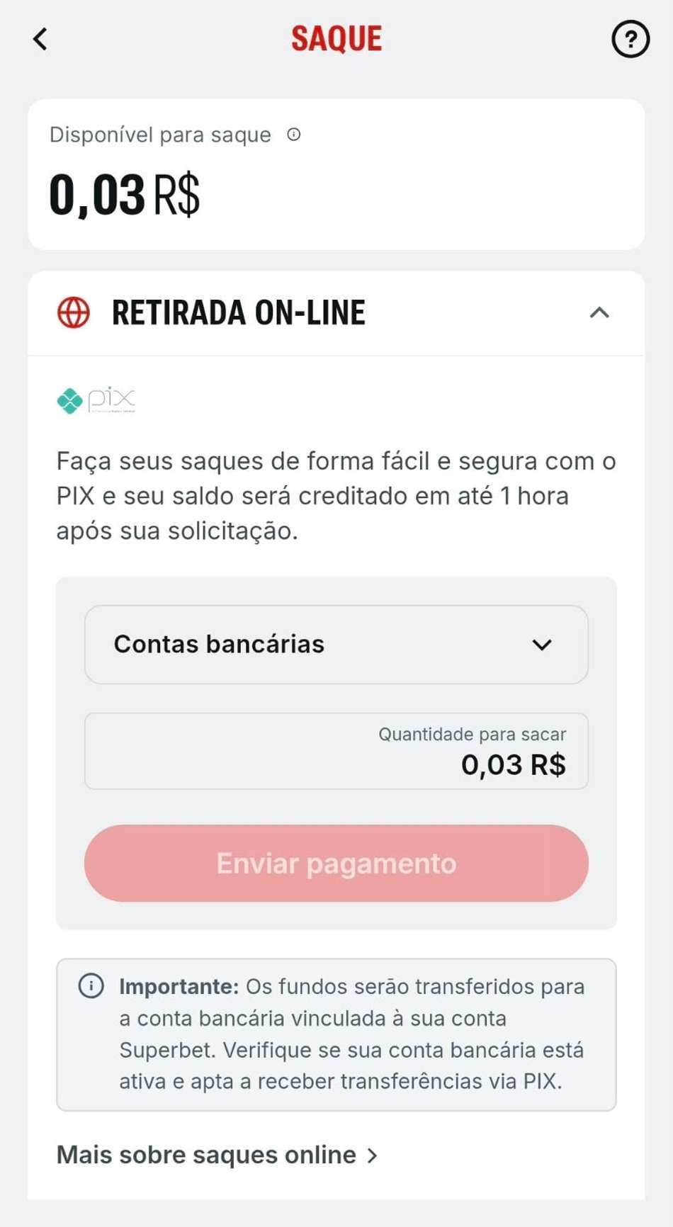 Captura de tela da página de saques na Superbet