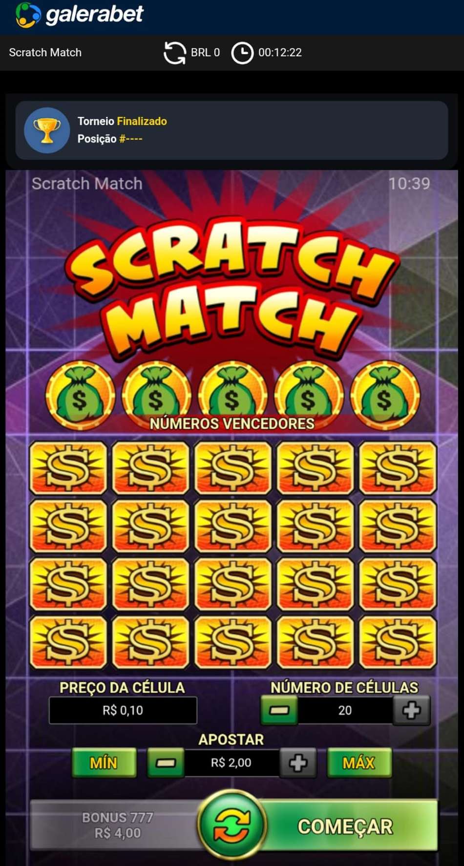 Captura de tela da raspadinha Scratch Match da plataforma Galera Bet.