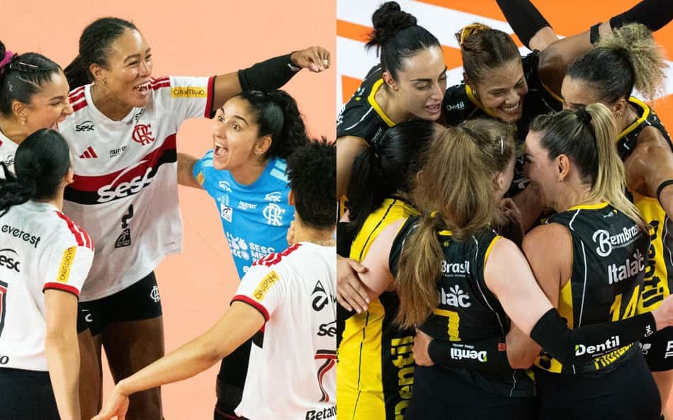 Colagem de fotos da equipes de Sesc Flamengo, à esquerda, e Praia Clube, à direita, comemorando ponto em jogos da Copa Supervôlei