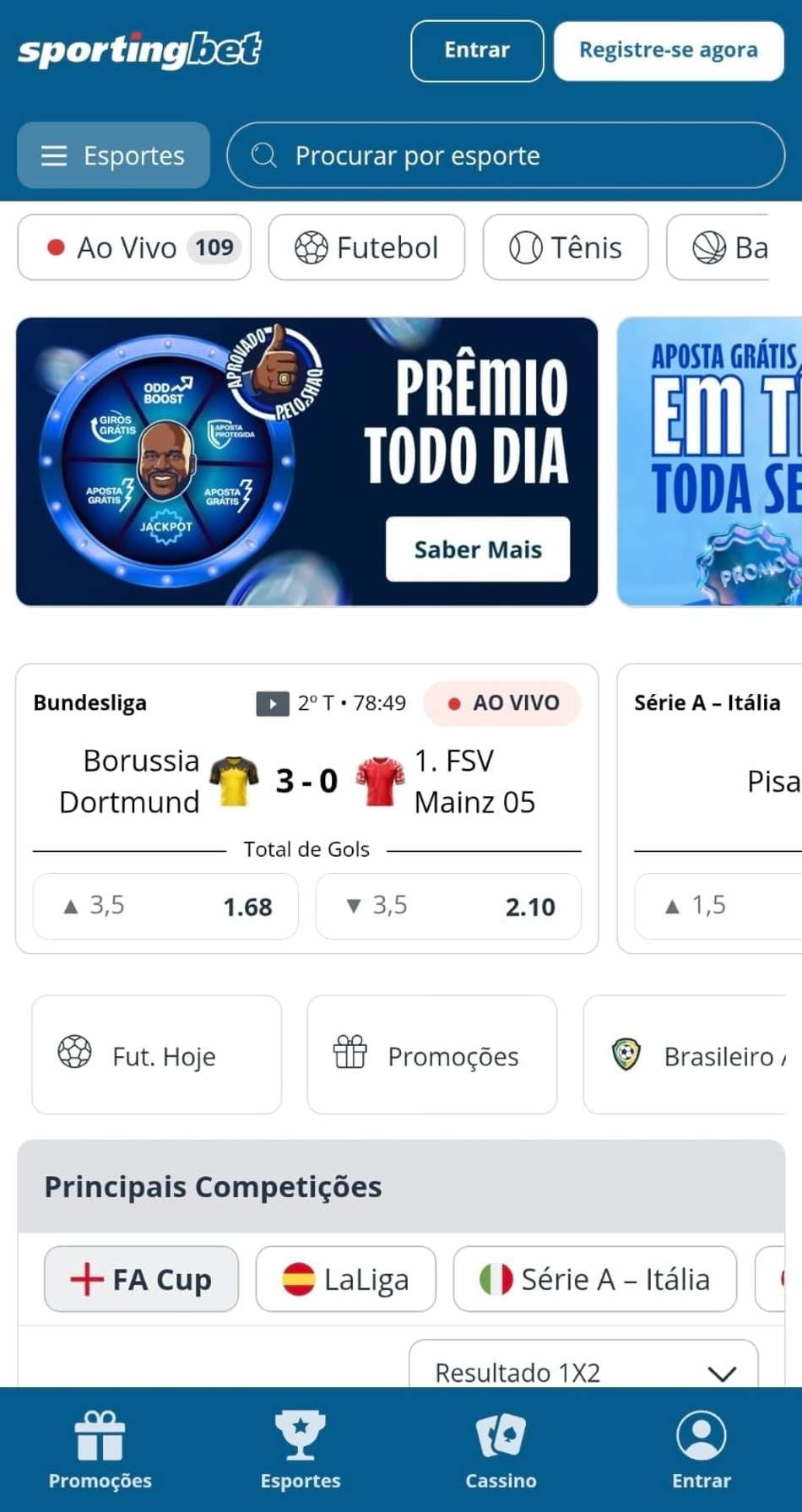 Captura de tela da página inicial da Sportingbet exibindo os jogos em andamento.