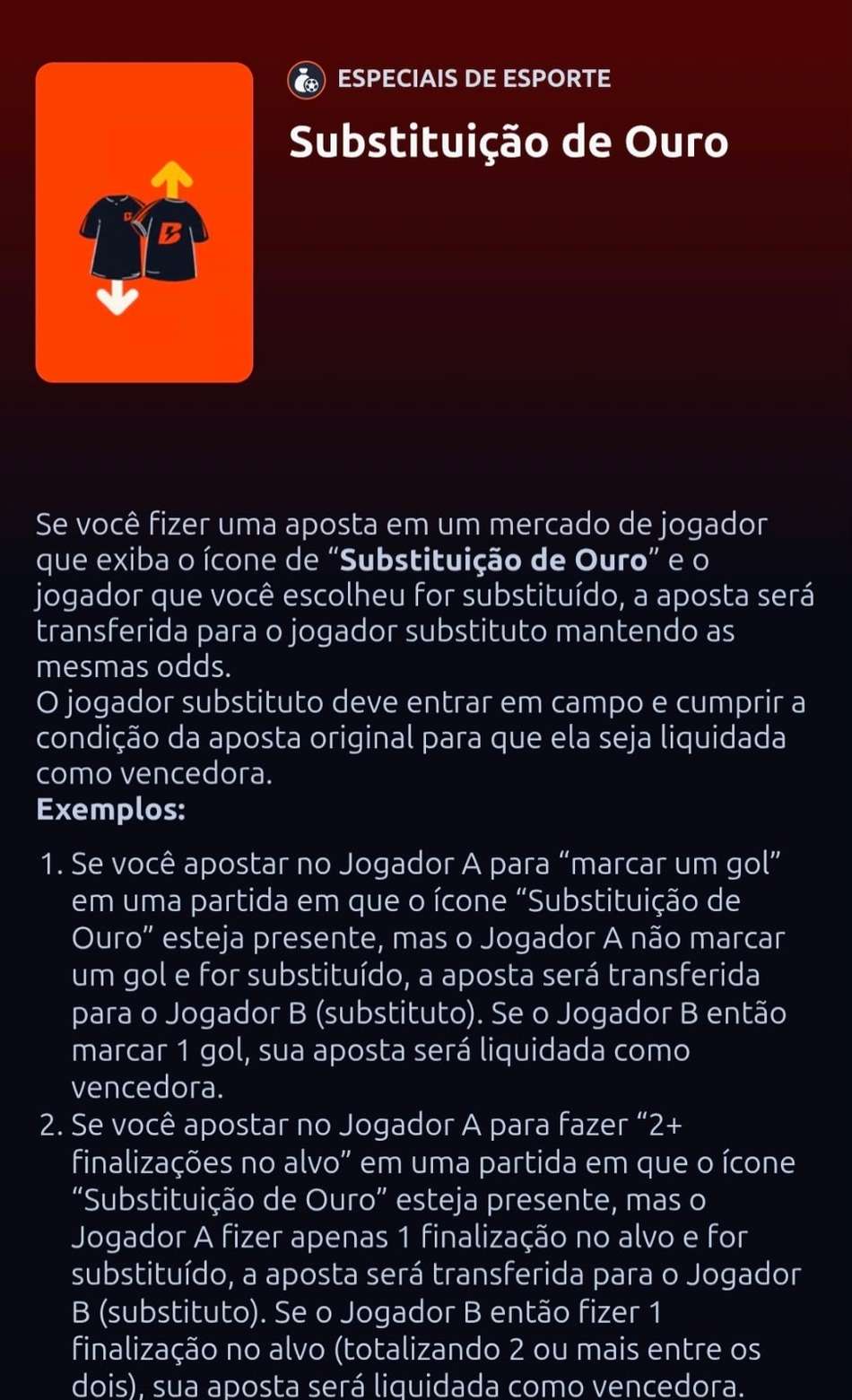 Captura de tela do recurso Substituição de Ouro da Betano exibindo os detalhes do funcionamento.