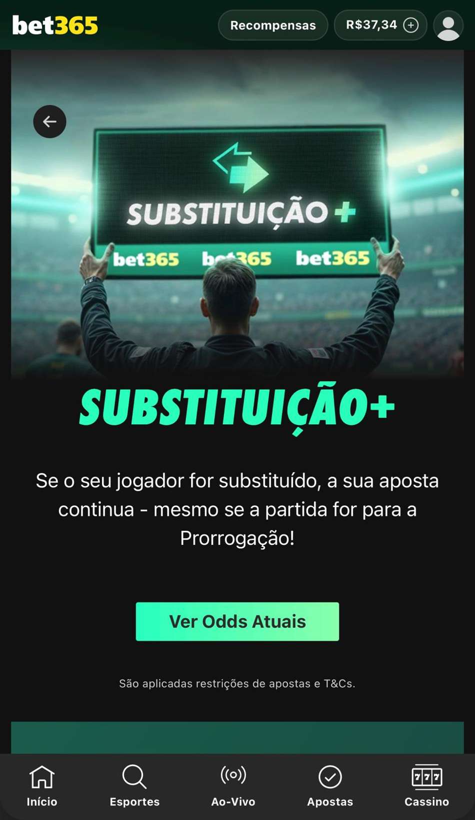 Captura de tela da Substituição+ na bet365, uma das melhores casas de apostas do Brasil.