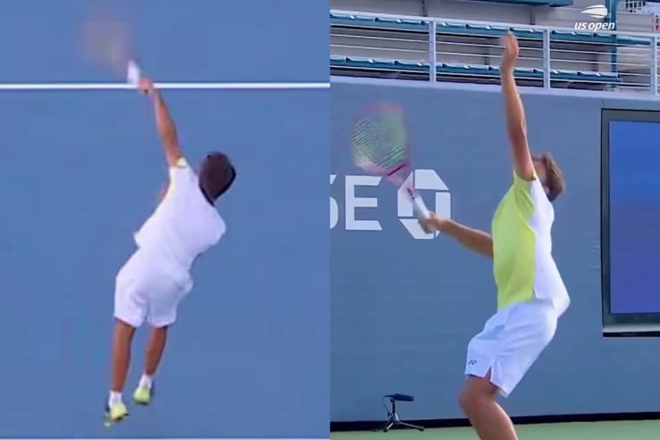 Colagem de capturas de tela de vídeo com saques do tenista Teodor Davidov no US Open juvenil