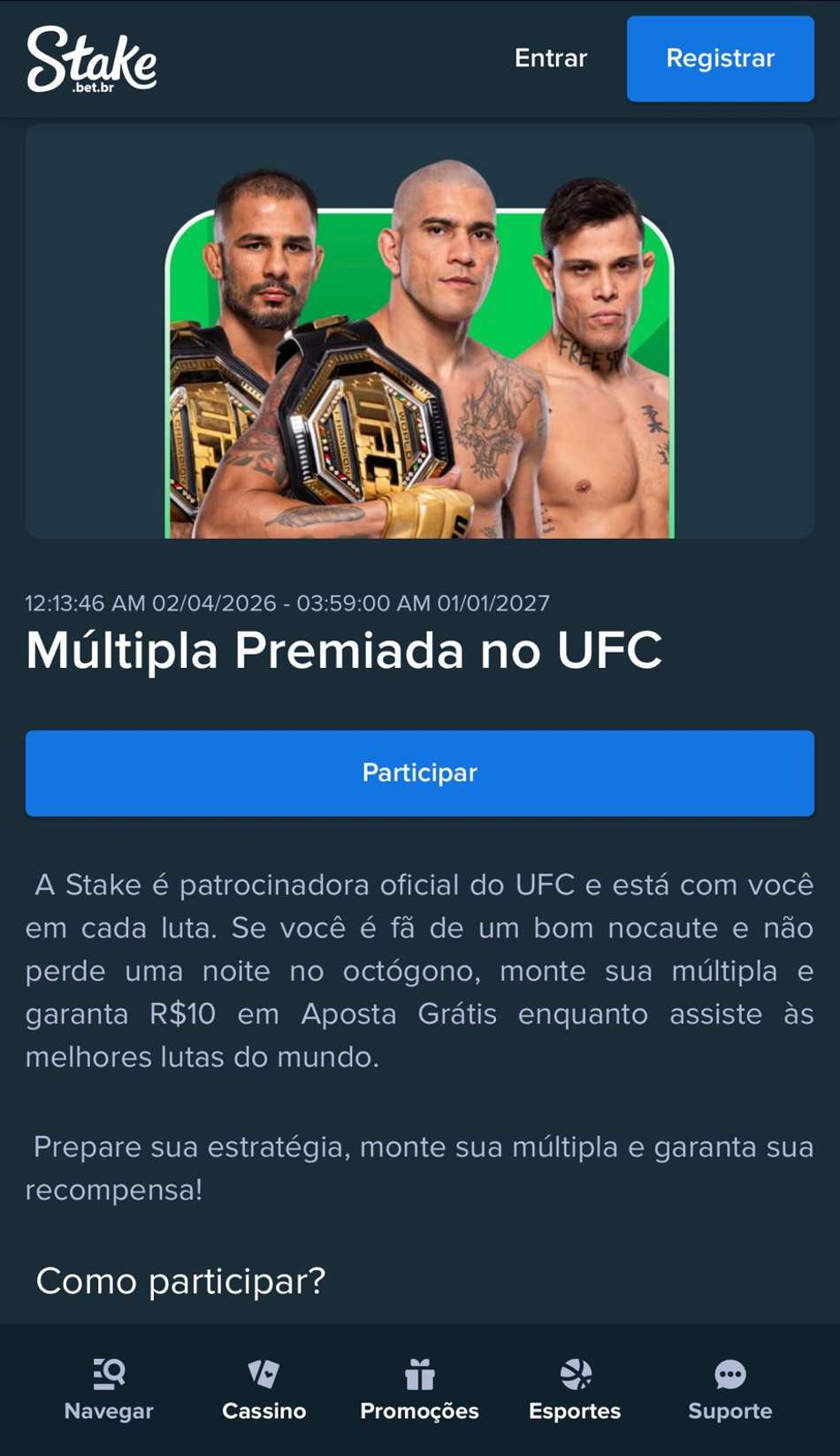 Captura de tela da promoção Múltipla da Premiada no UFC, com o código Stake.