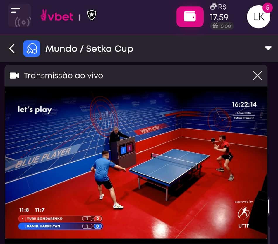 Captura da tela de streaming ao vivo no Vbet App.
