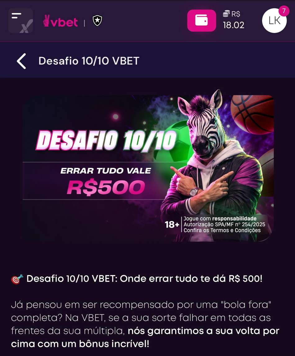 Captura de tela do Desafio 10/10 da Vbet, uma das melhores casas de apostas do Brasil.