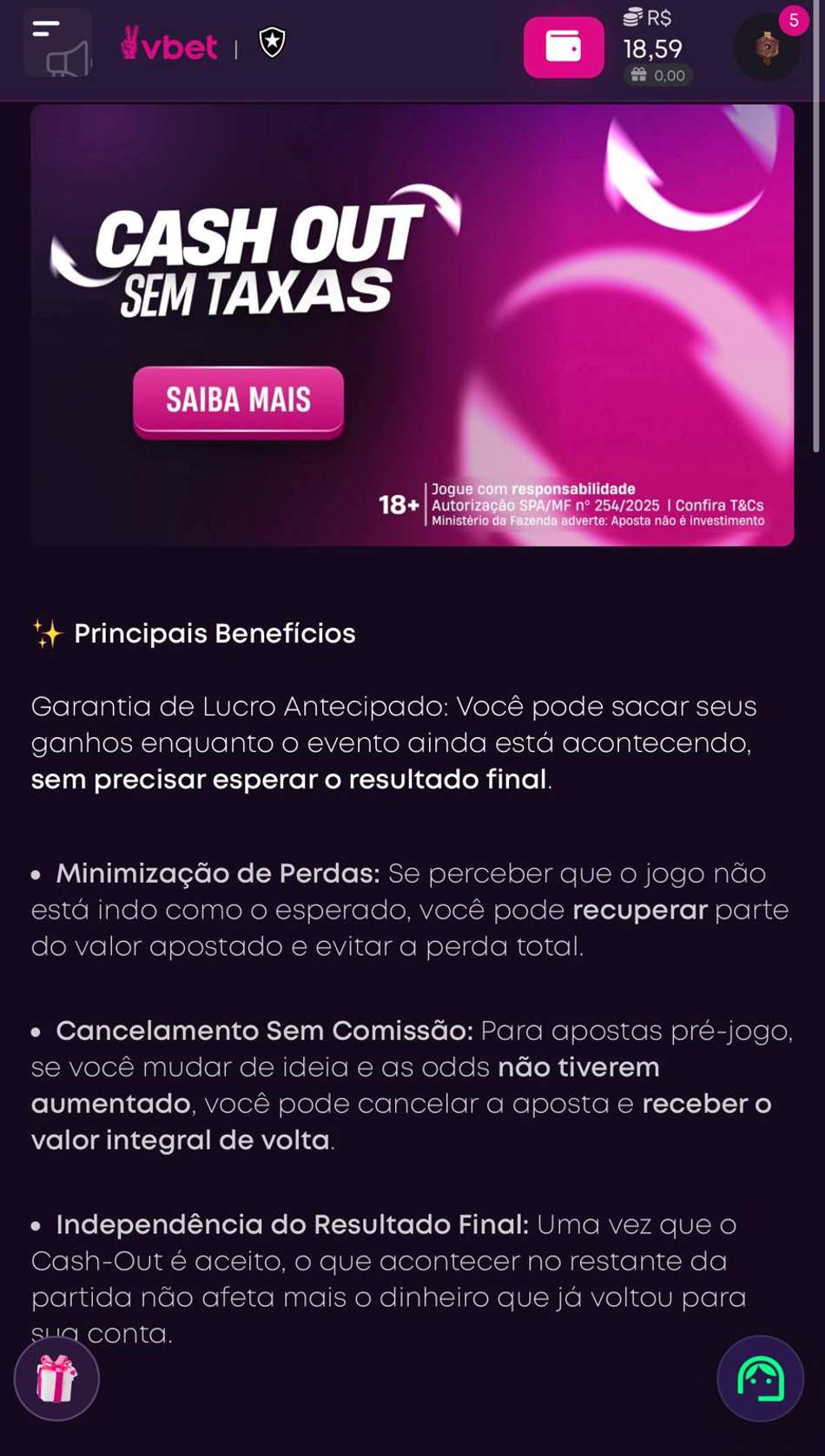 Captura da tela do Cash Out da plataforma que mais paga Vbet.