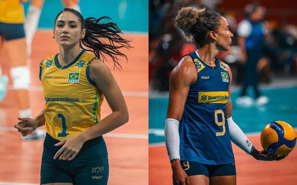 Colagem de fotos da levantadora Vivian, à esquerda, e da oposta Sabrina, à direita, em ação pela Seleção Brasileira na Copa Sul-Americana de vôlei feminino
