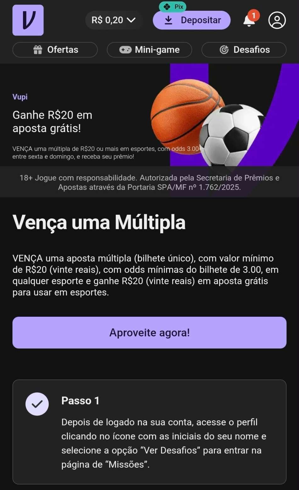 Captura de tela da campanha de apostas grátis da Vupi.