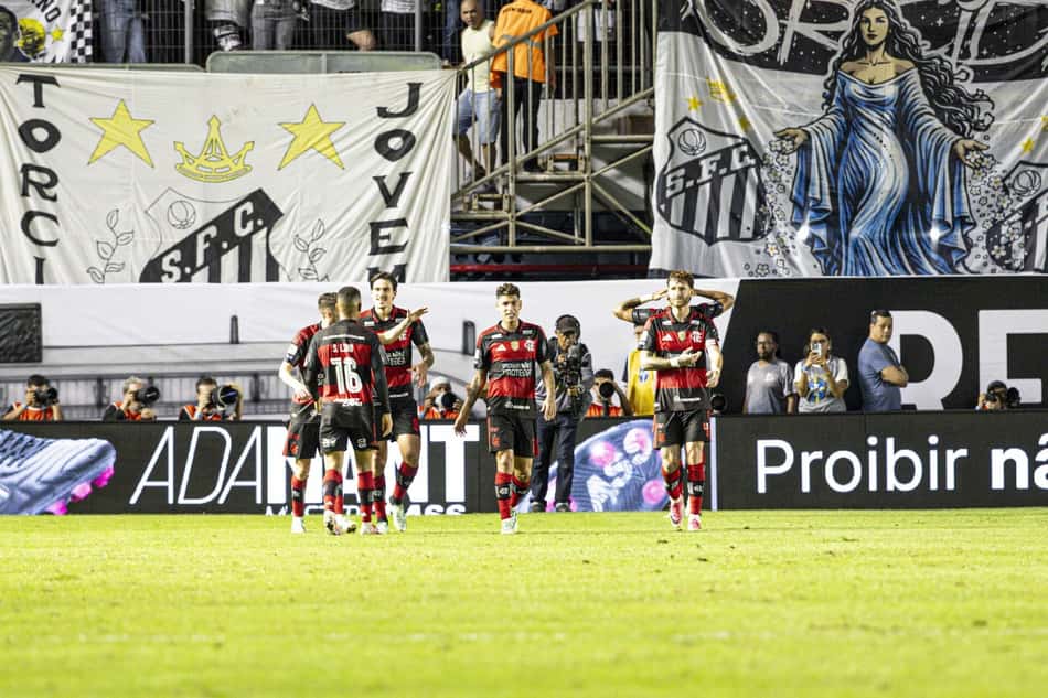 SANTOS (SP) 08/10/2026 ? SANTOS/FLAMENGO/BRASILEIRÃO/VILA BELMIRO ? Jogadores do Flamengo comemoram gol em partida entre Santos e Flamengo,válida pela 29ª rodada do Campeonato Brasileiro 2026, realizada no Estádio Urbano Caldeira (Vila Belmiro), em Santos, na noite desta quinta-feira (08) de Outubro de 2026.(Foto: Pedro Paulo Diaz/Thenews2/Folhapress)