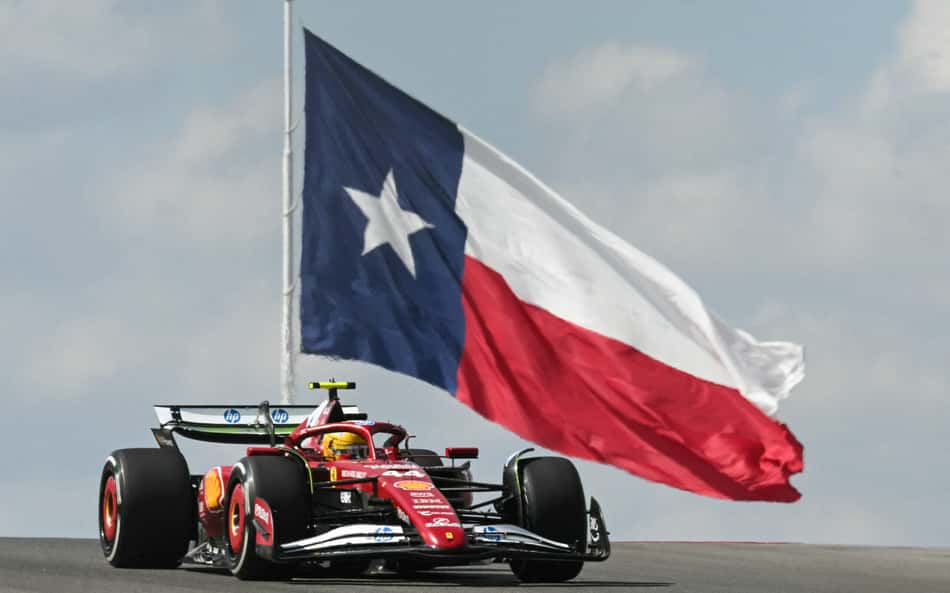 Ferrari's British driver Lewis Hamilton races during the practice session for the United States Formula One Grand Prix at the Circuit of the Americas in Austin, Texas, on October 17, 2025. (Photo by RONALDO SCHEMIDT / AFP)