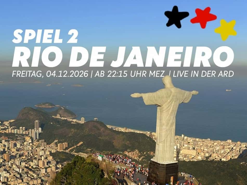 Alemanha feminino: cartaz do jogo 2 em Rio de Janeiro, Cristo Redentor e cidade ao fundo.