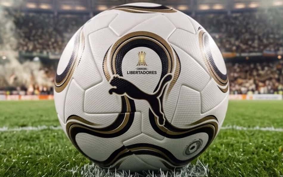 Bola oficial da final da Libertadores 2026, com logotipo da competição e marca Puma, em estádio.