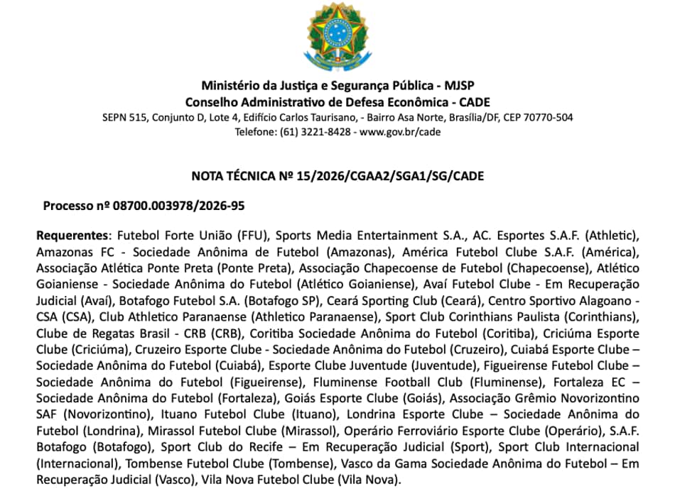 Nota técnica do Cade cobra explicações da FFU (Reprodução)