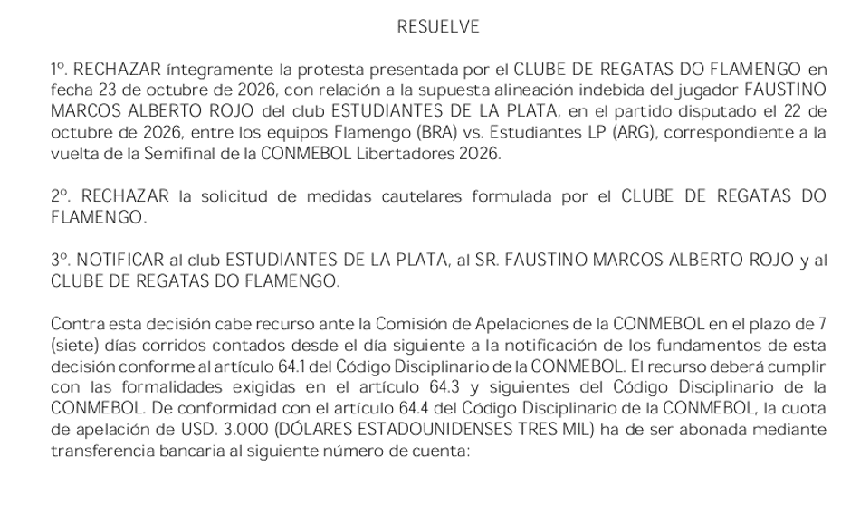 Trecho da decisão da Conmebol sobre Flamengo x Estudiantes