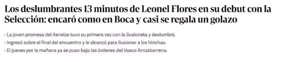 Jornal argentino Clarín destaca estreia de Leonel Flores pela seleção da Argentina