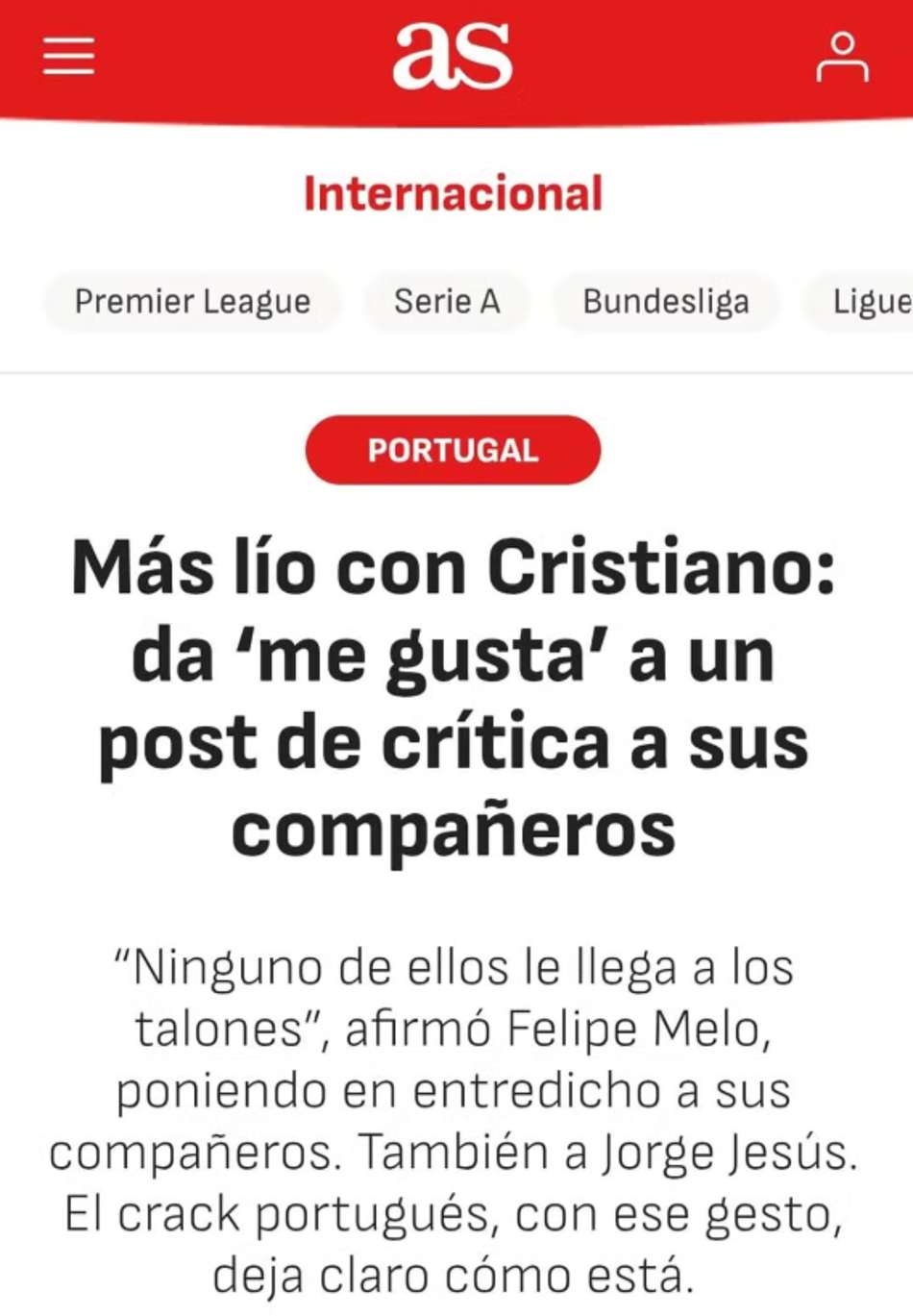 Jornal AS repercute curtida de Cristiano Ronaldo