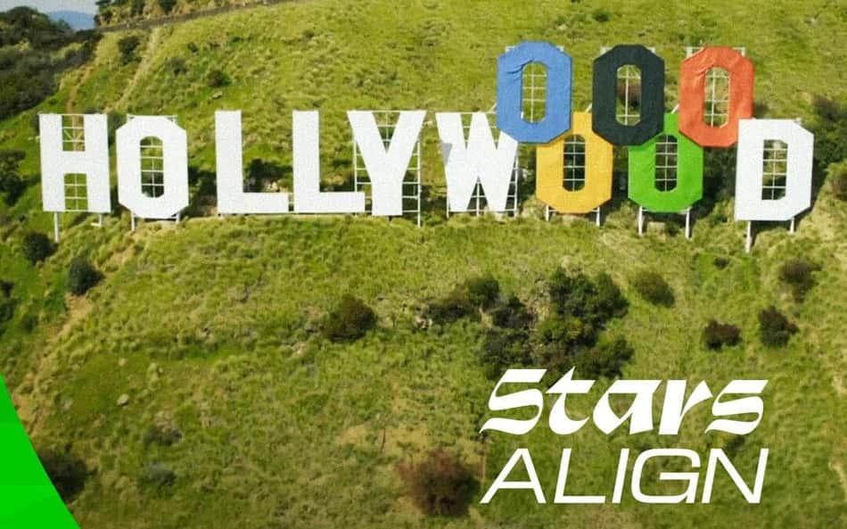 Letreiro de Hollywood com arcos olímpicos e o slogan embaixo (Foto: Reprodução/LA28)