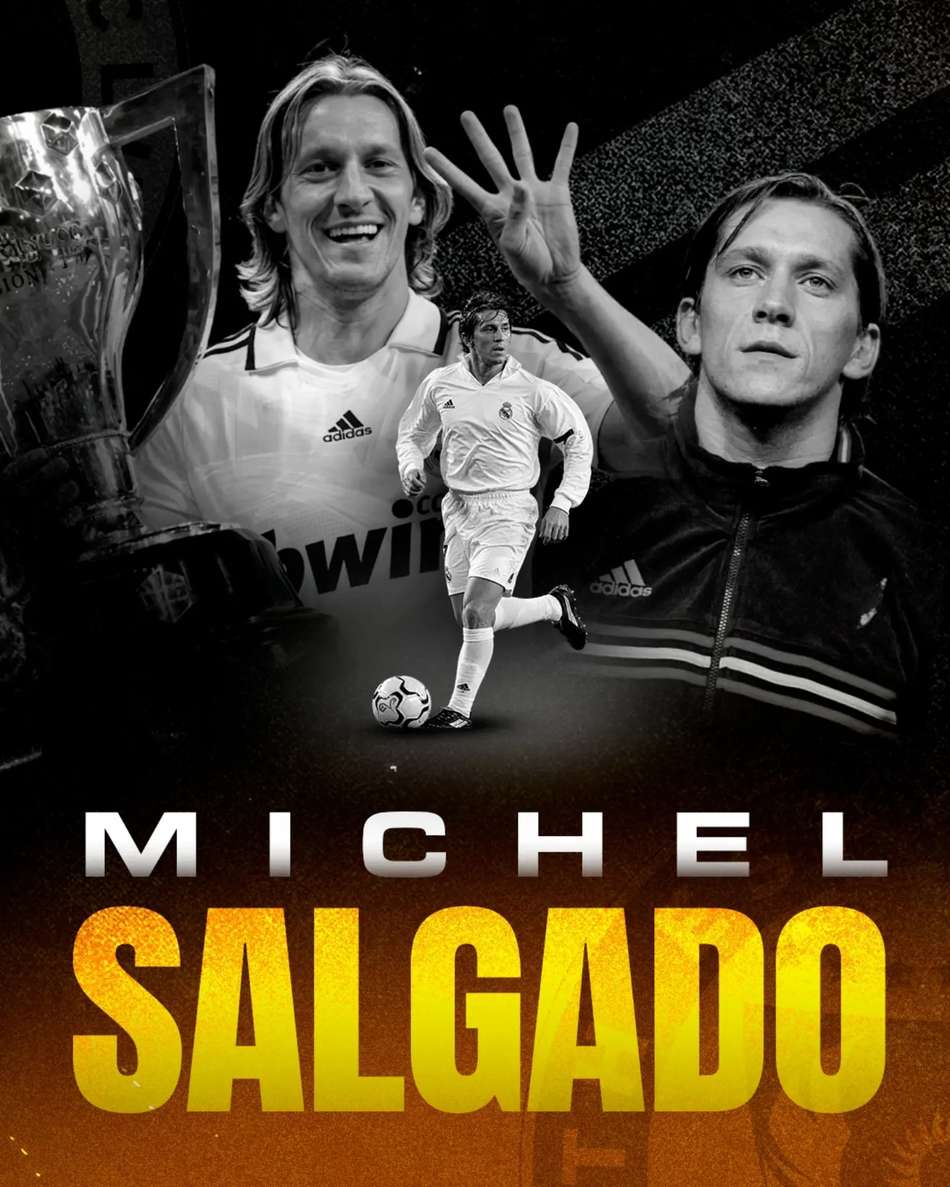 Míchel Salgado em colagem: jogador do Real Madrid em camisa branca, com troféu ao lado e retratos dele ao fundo.