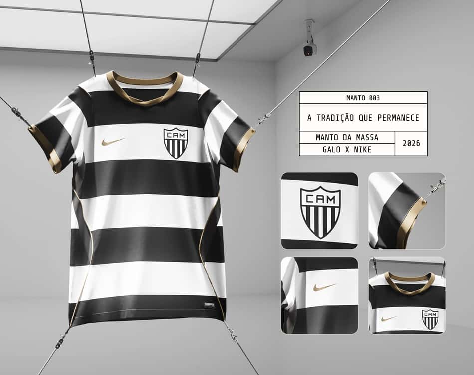Camisa do Atlético MG (CAM) da Nike, listras pretas e brancas com o emblema CAM.