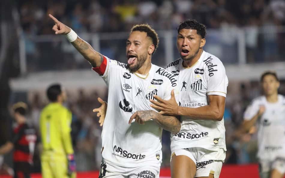 Neymar comemorando gol em Santos e Flamengo, pelo Campeonato Brasileiro