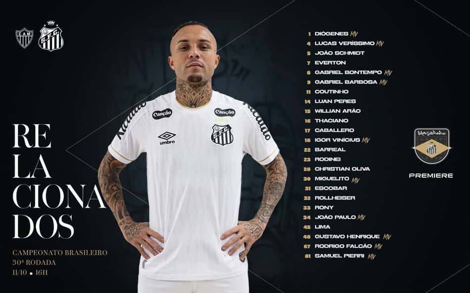 Relacionados do Santos para o jogo contra o Atlético-MG.
