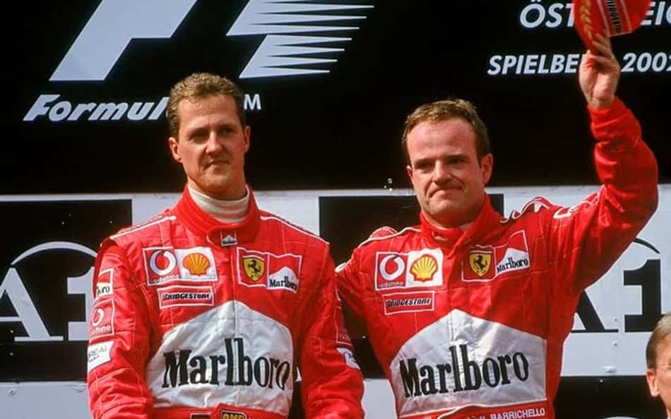 Michael Schumacher e Rubinho Barrichello comemoram pódio no GP da Áustria na F1 2002