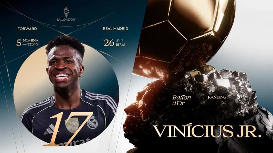 Vini Jr foi eleito o 17º melhor jogador da temporada 2025/2026 pela Bola de Ouro