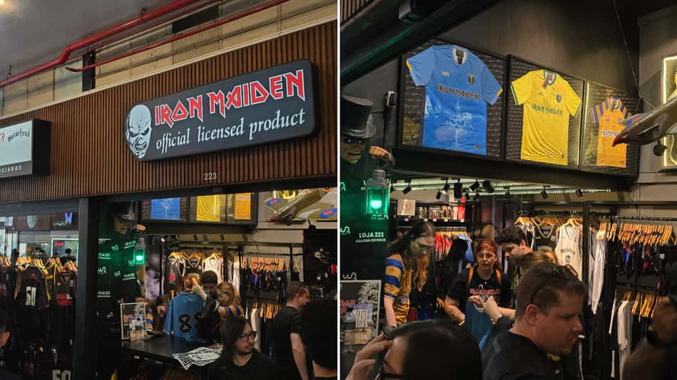Interior da loja oficial licenciada Iron Maiden, com camisetas expostas e clientes fazendo compras.