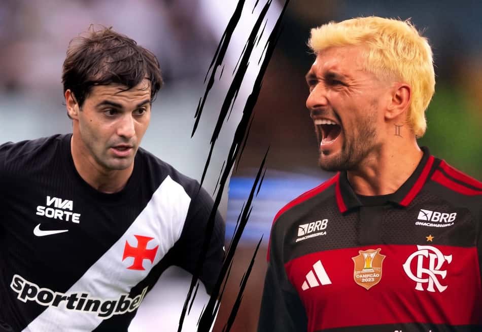 Arrascaeta à direita e Sosa à esquerda em partida de futebol, Flamengo em destaque