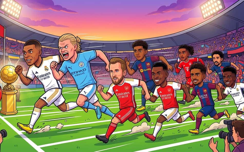 Cartoon ilustrando a corrida pela bola de ouro com os principais nomes