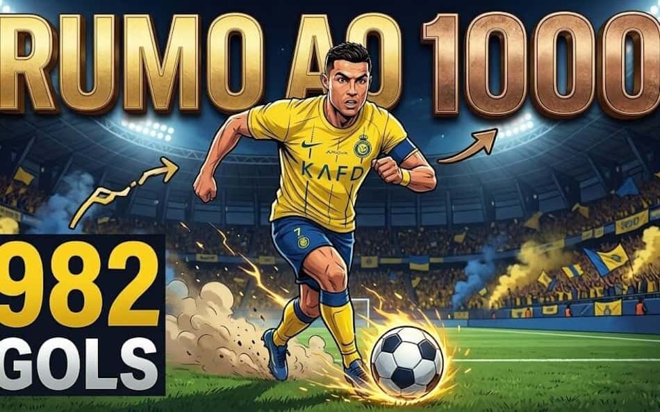 Jogador de futebol em uniforme amarelo corre com a bola em estádio lotado, com o lema RUMO A 1000 e 982 GOLS.