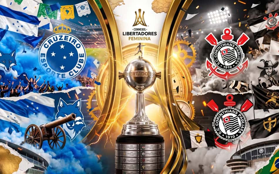 Troféu da Libertadores ao centro, cercado pelos emblemas do Cruzeiro à esquerda e do Corinthians à direita, com bandeiras ao redor.