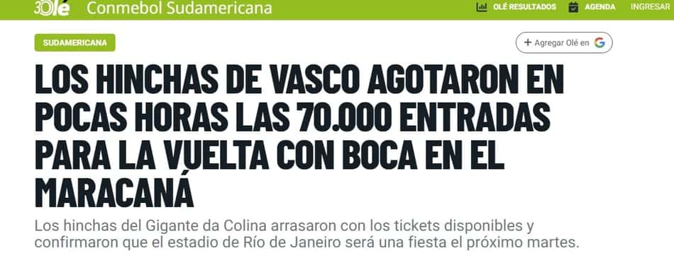 Diário Olé - Os torcedores do Vasco esgotaram todos os 70.000 ingressos para o jogo de volta contra o Boca no Maracanã em apenas algumas horas.
Os fãs do Gigante do Morro esgotaram todos os ingressos disponíveis e confirmaram que o estádio do Rio de Janeiro será uma festa na próxima terça-feira.