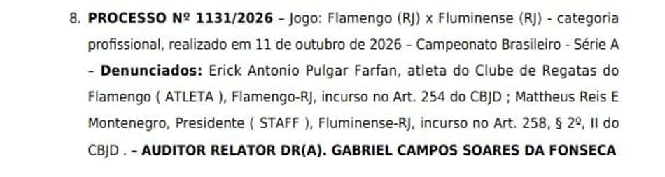Denúncias de Pulgar, do Flamengo, e Matheus Montenegro, Fluminense