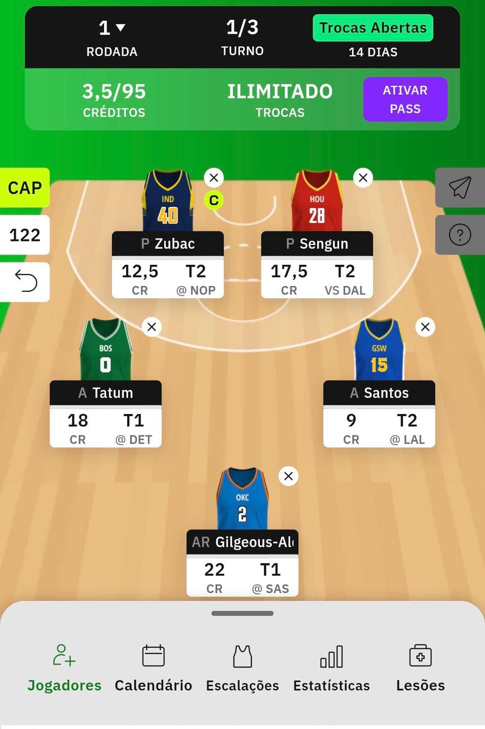 Dunkest fantasy game: Zubac, Sengun, Tatum, Santos e Gilgeous-Alexander no lineup em quadra.