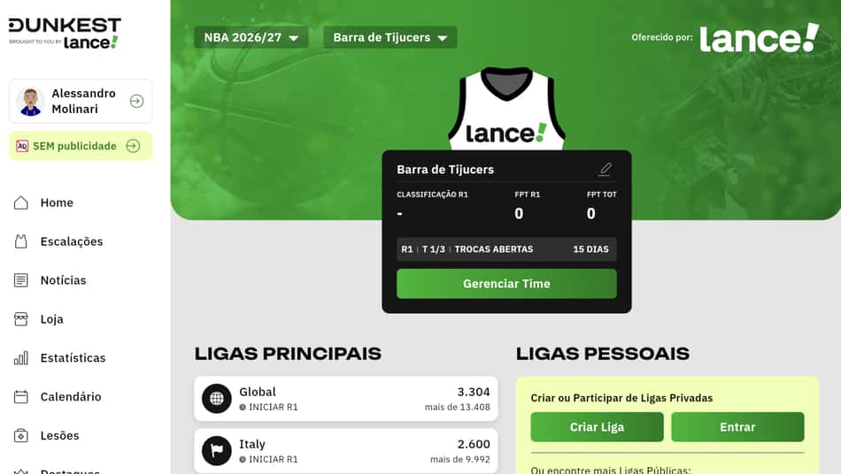 Alessandro Molinari no Dunkest Fantasy Game: NBA 2026/27, Barra de Tijucers e painel Gerenciar Time.