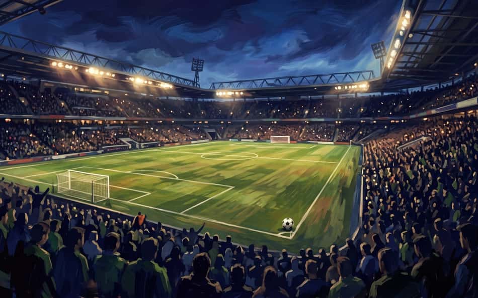 Ilustração de um estádio de futebol com partida observada por torcedores