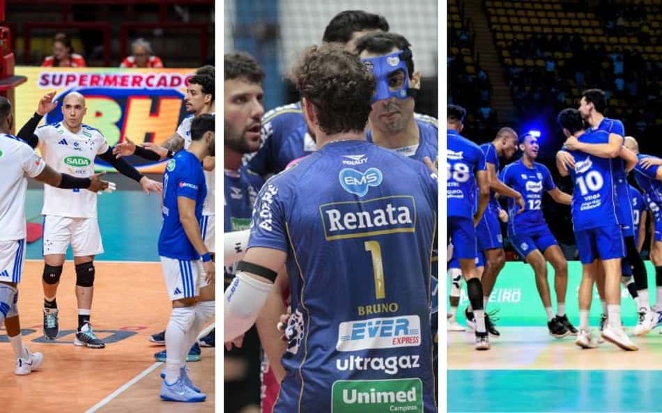 Os Jogadores fazem o tempo Renata/ems em Partida da Superliga Masculina de Vôlei.