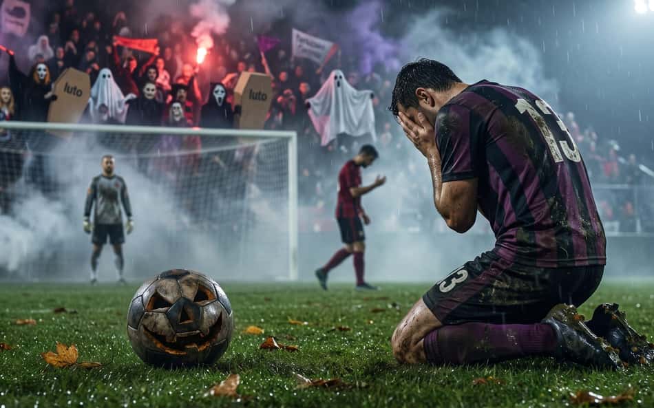 Jogador de futebol ajoelhado em campo molhado, perto da bola com rosto de abóbora; torcida fantasma e fumaça no estádio durante Halloween.