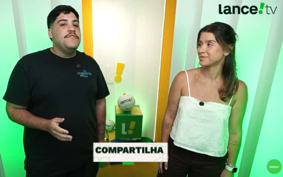 Igor Reis e Nathália Gomes na apresentação do A Copa é Delas