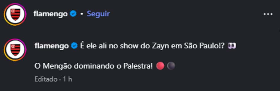 Publicação do Flamengo sobre o show de Zayn