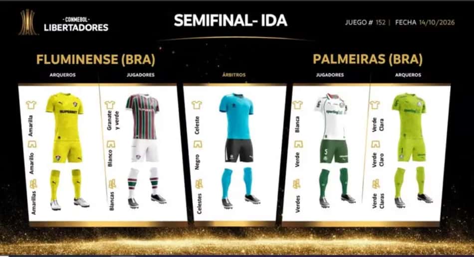 Uniformes definidos entre Fluminense e Palmeiras, jogo de ida da semifinal da Libertadores.