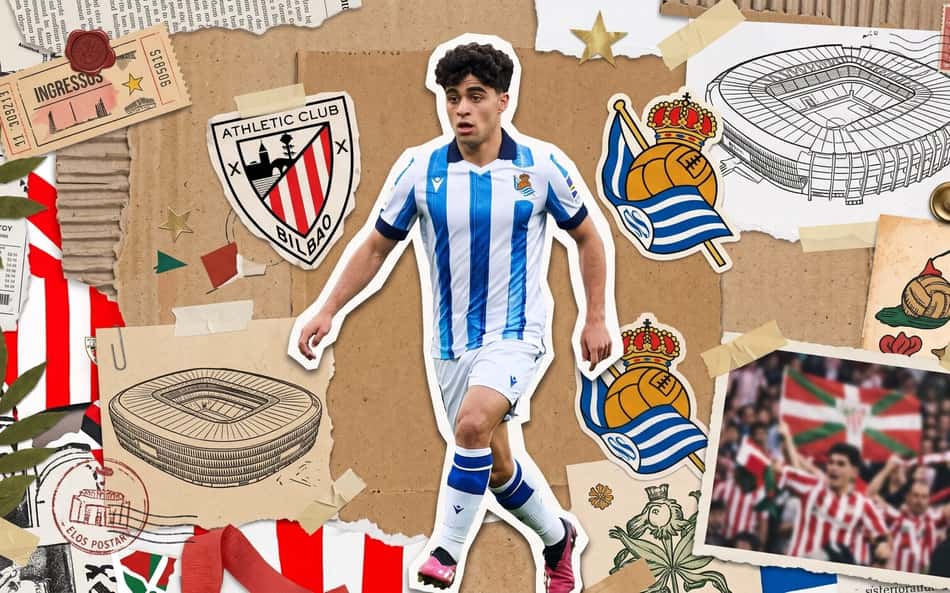 Jogador da Real Sociedad em uniforme azul e branco, em collage com símbolos do futebol basco e estádios.