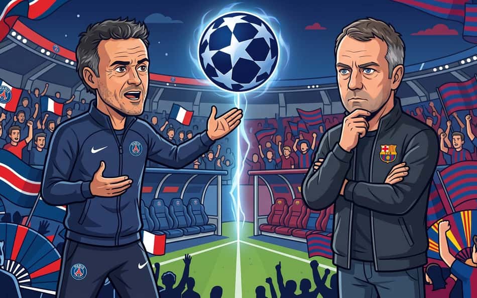 Ilustração de Luis Enrique, à esquerda, e Hansi Flick, à direita