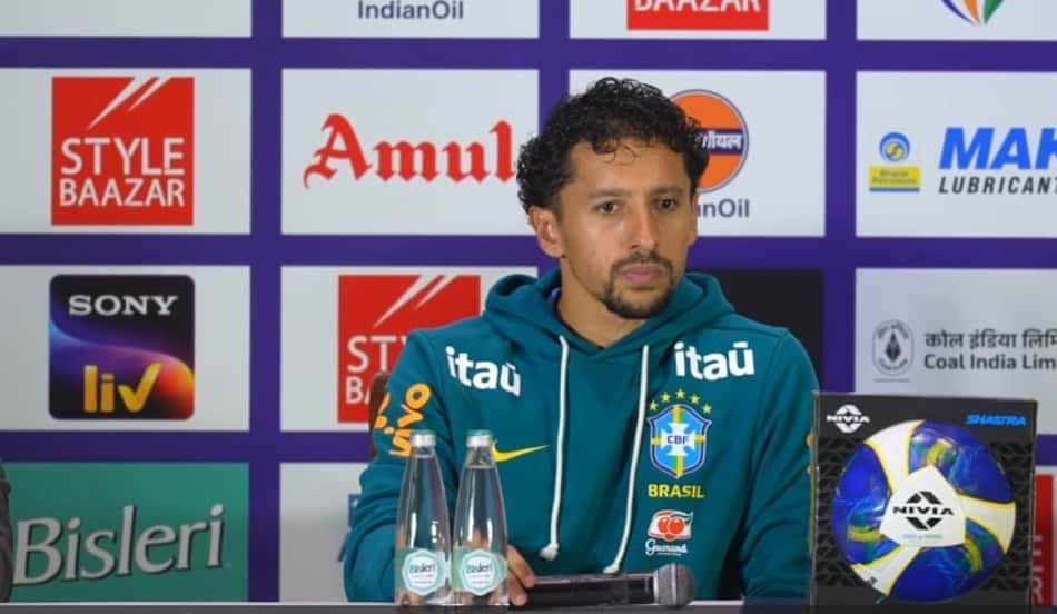 Zagueiro Marquinhos durante entrevista pela Seleção Brasileira em Calcutá, na Índia