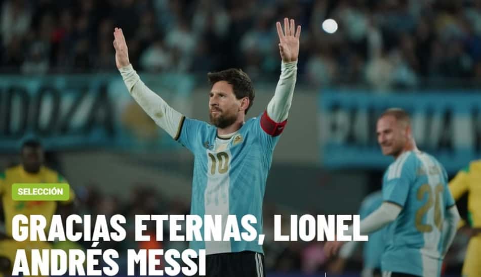 O portal argentino Olé destaca o "Gracias eternas" na capa do seu site para celebrar os 21 anos de Lionel Messi na seleção