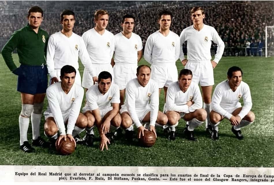 Real Madrid com Evaristo, F. Ruiz, Di Stéfano, Puskás e Gento; quartas da Copa de Europa contra Glasgow Rangers.